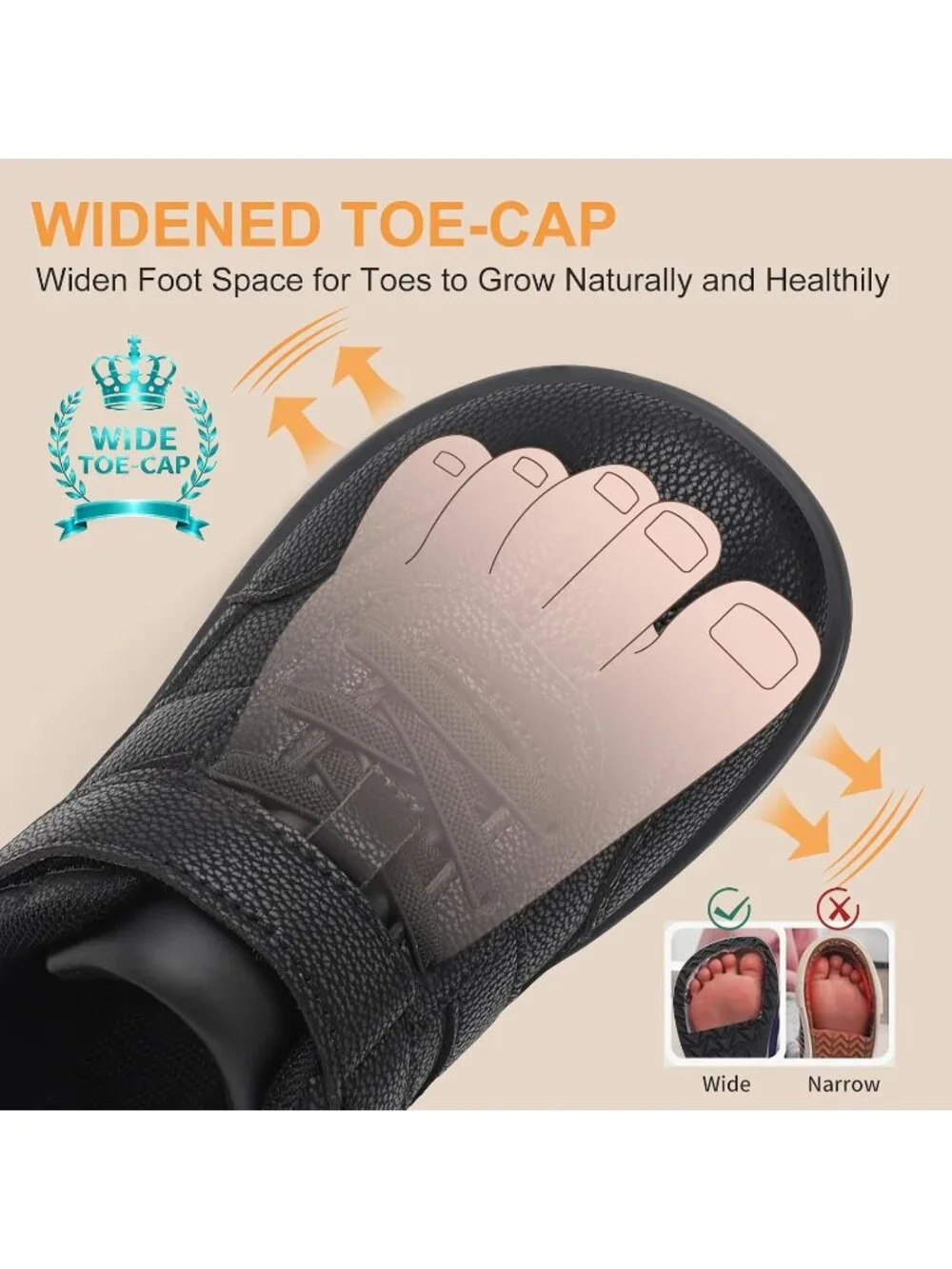 Toddler Black Faux Leather Boys Girls Wide Toe Zero Drop Barefoot Shoes Sneakers
